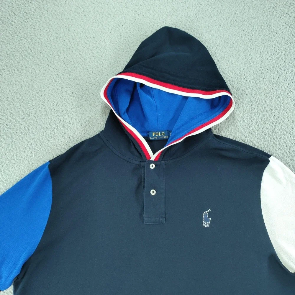 Polo Ralph Lauren Polo Shirt Mens Large Blue Hooded Colorblock Tricolor